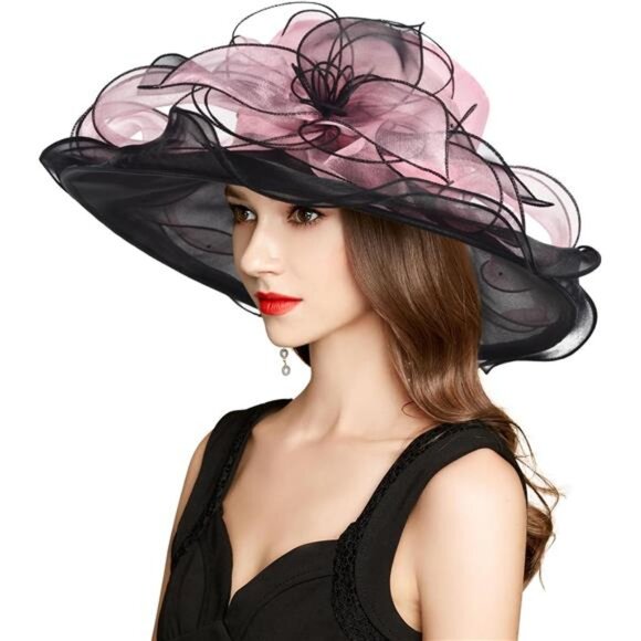 Derby Hats for Women, Classy Organza Sun Hat, Pink Black